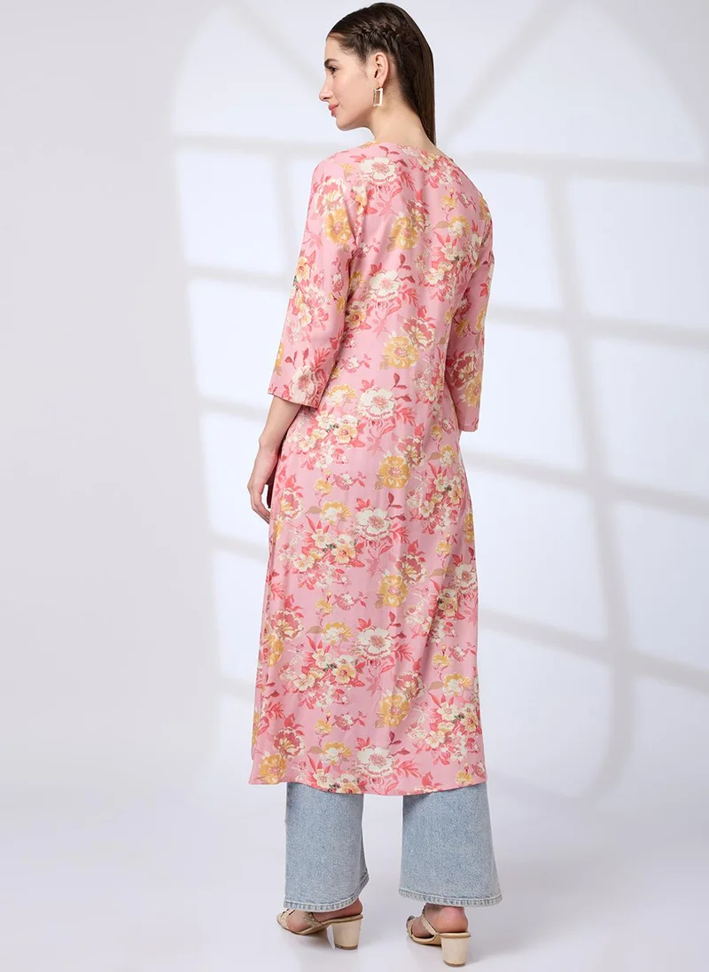 globus Pink Globus Women V-Neck Floral Print Pleated Front Slit A-Line Workwear Kurta for Women | Best Price UAE